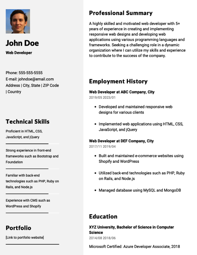 Web Developer Resume Example